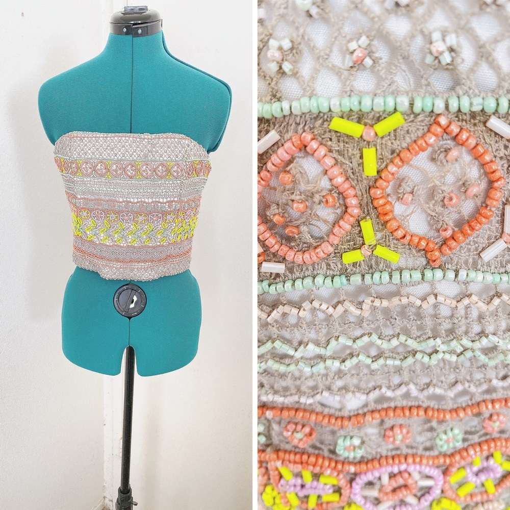 Alice + Olivia Beaded Strapless Crop Top in Peach, Neon Yellow & Mint
